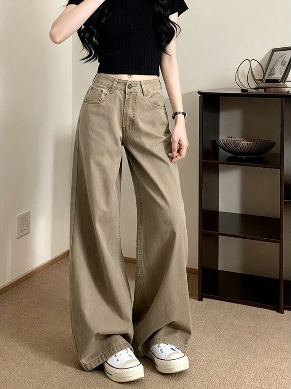 American-Style Khaki High-Waisted Wide-Leg Jeans for Women, Summer 2026, Slimming Loose Straight-Leg Drapey Floor-Length Pants