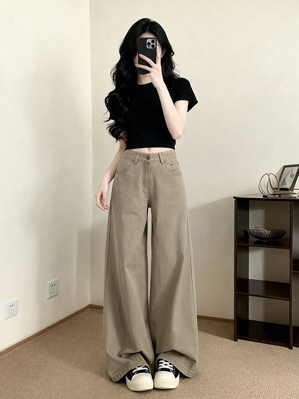 American-Style Khaki High-Waisted Wide-Leg Jeans for Women, Summer 2026, Slimming Loose Straight-Leg Drapey Floor-Length Pants