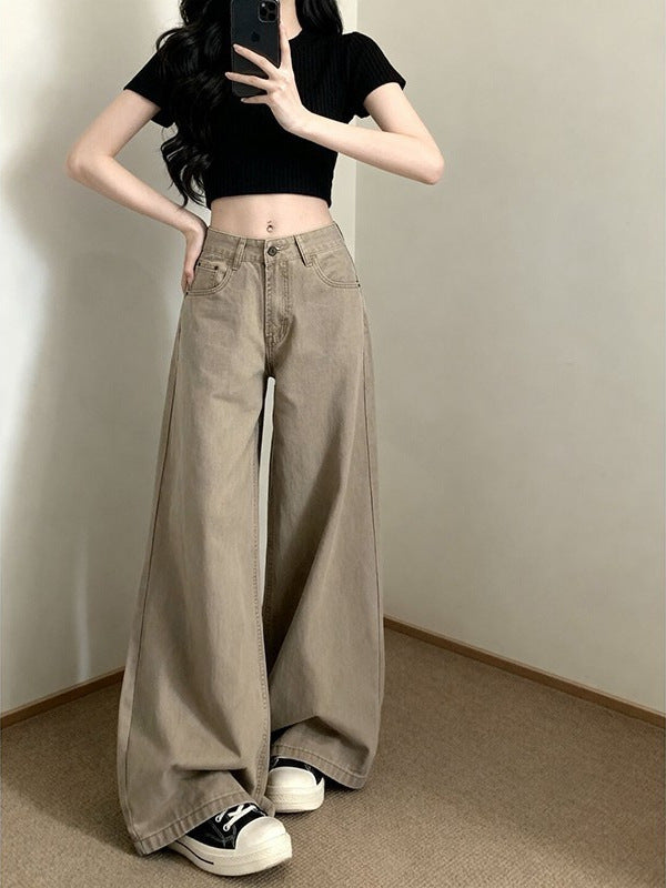 American-Style Khaki High-Waisted Wide-Leg Jeans for Women, Summer 2026, Slimming Loose Straight-Leg Drapey Floor-Length Pants