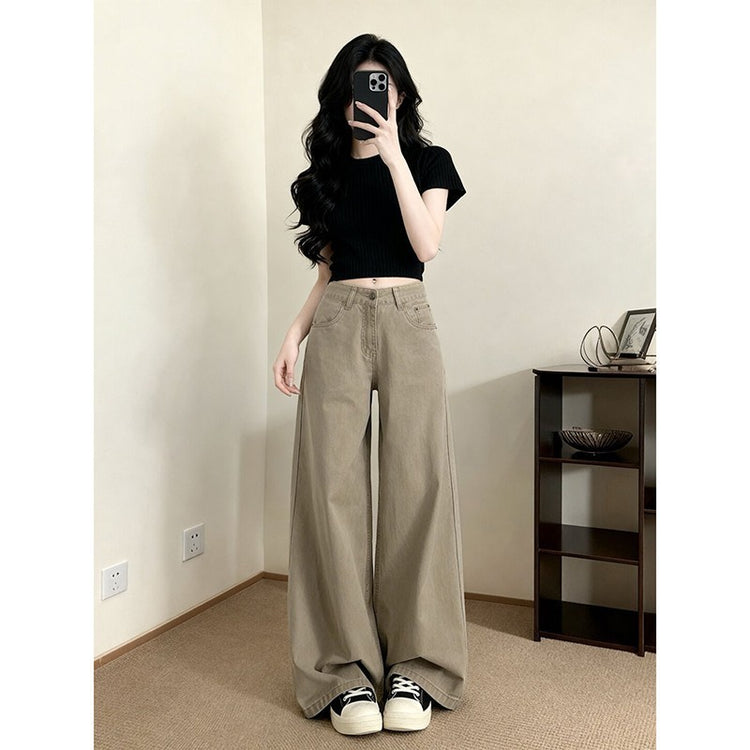 American-Style Khaki High-Waisted Wide-Leg Jeans for Women, Summer 2026, Slimming Loose Straight-Leg Drapey Floor-Length Pants