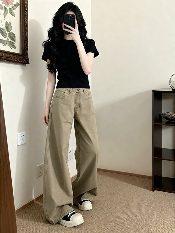 American-Style Khaki High-Waisted Wide-Leg Jeans for Women, Summer 2026, Slimming Loose Straight-Leg Drapey Floor-Length Pants